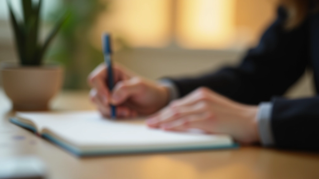 Nahaufnahme von Händen, die in einem Tagebuch schreiben, warme Beleuchtung, Schreibtisch mit Pflanzen im Hintergrund