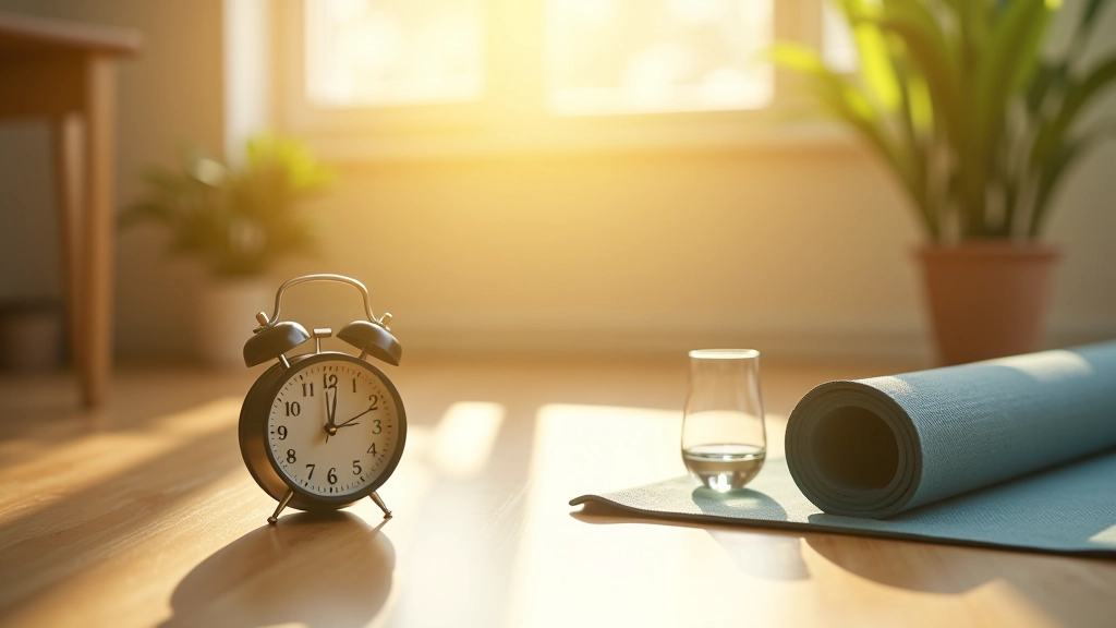 Morgenroutine-Szene: Wecker, Wasserglas, Trainingsmatte auf Holzboden, natürliches Morgenlicht
