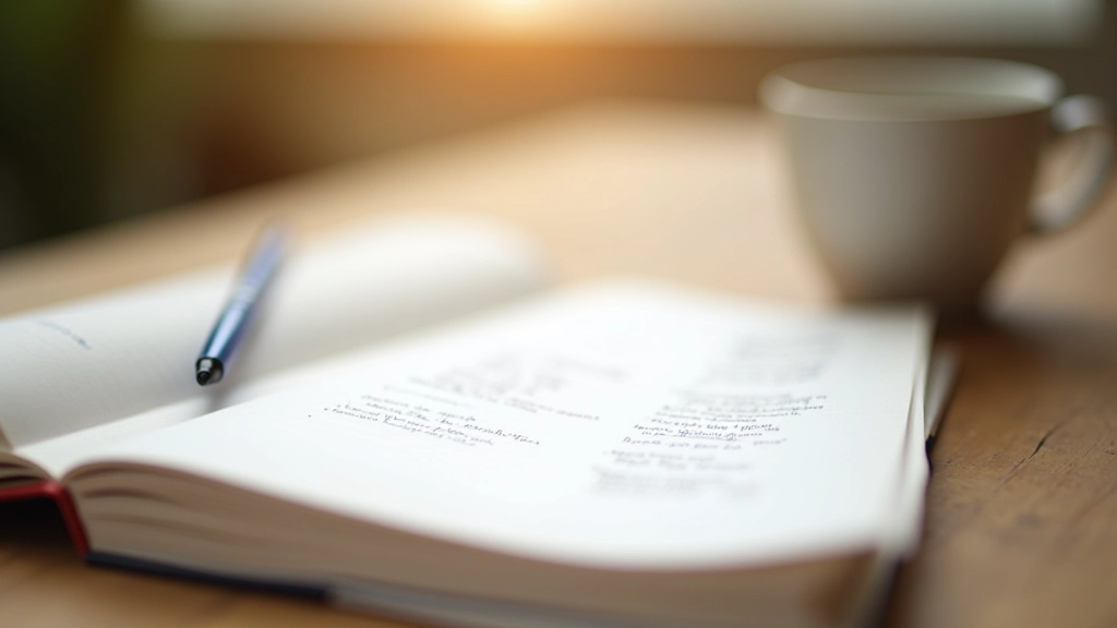 Notebook mit handgeschriebenen Notizen auf Schreibtisch neben Kaffee und Handy