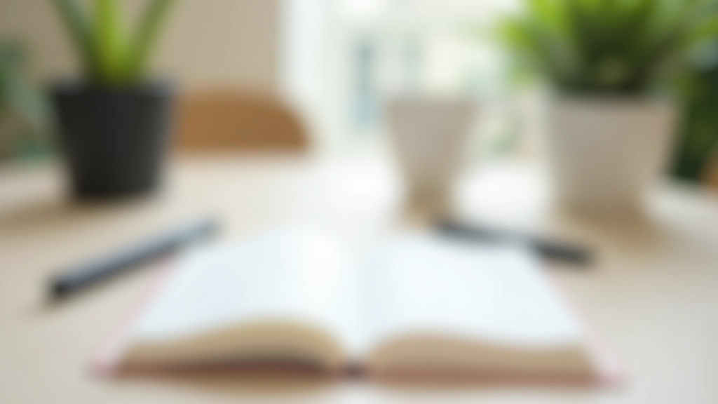 Ordentlicher Schreibtisch mit Notizbuch, Stift, Pflanze und Tasse, minimalistisches Design, Tageslicht