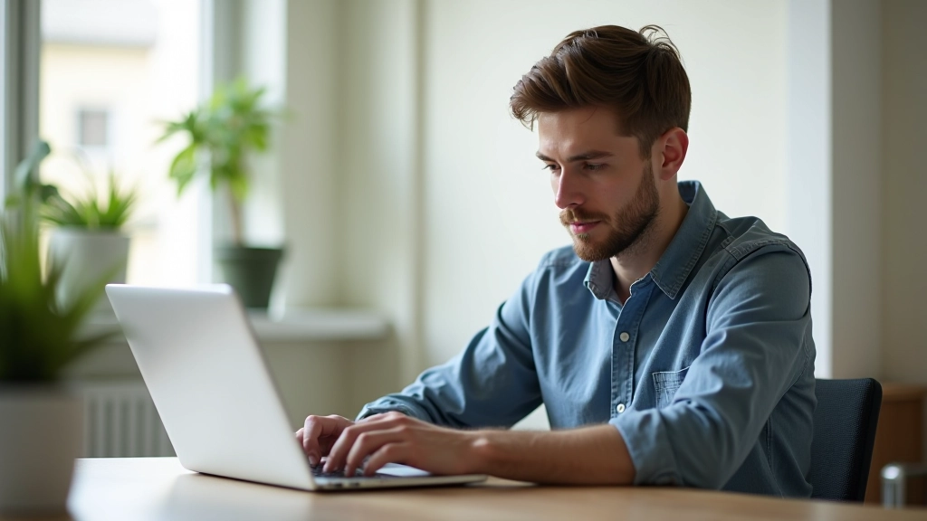 Person arbeitet konzentriert am Laptop in einem ruhigen, aufgeräumten Arbeitszimmer mit minimalen Ablenkungen