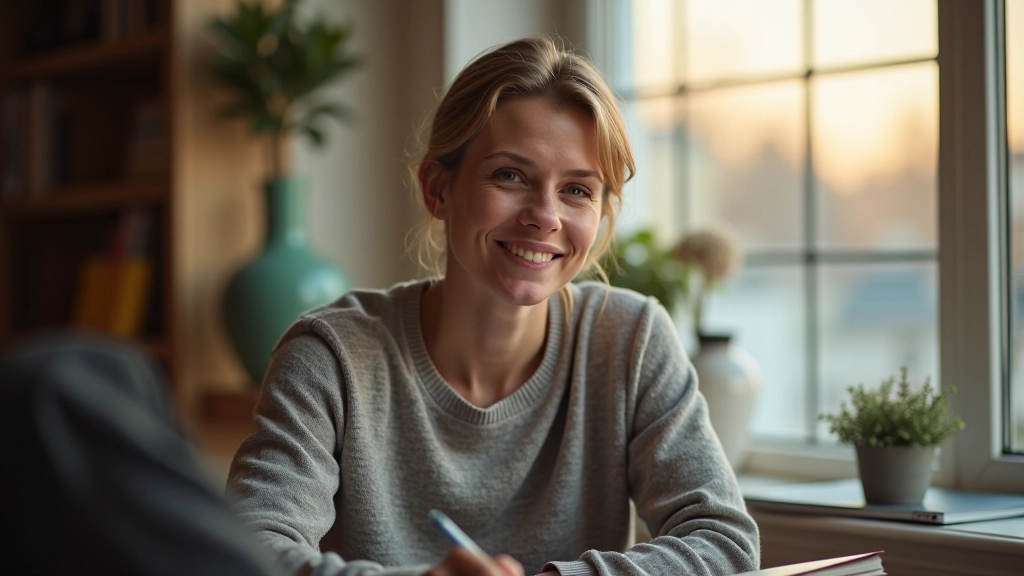 Person sitzt am Fenster mit Notizbuch und schaut nach draußen, warme Beleuchtung, nachdenklich