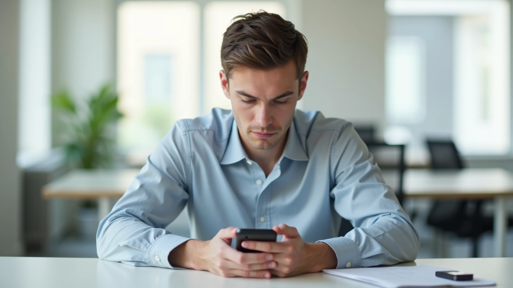 Person sitzt am Schreibtisch mit Handy beiseite gelegt und konzentriert sich auf Arbeit