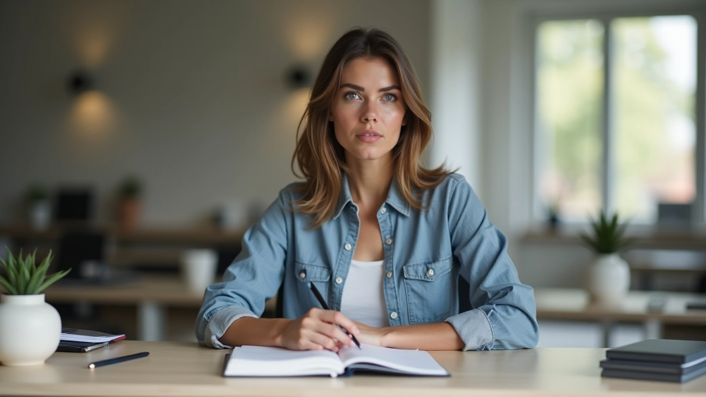 Person sitzt am Schreibtisch, konzentriert auf ihre Aufgaben, Umgebung ist aufgeräumt und ablenkungsfrei