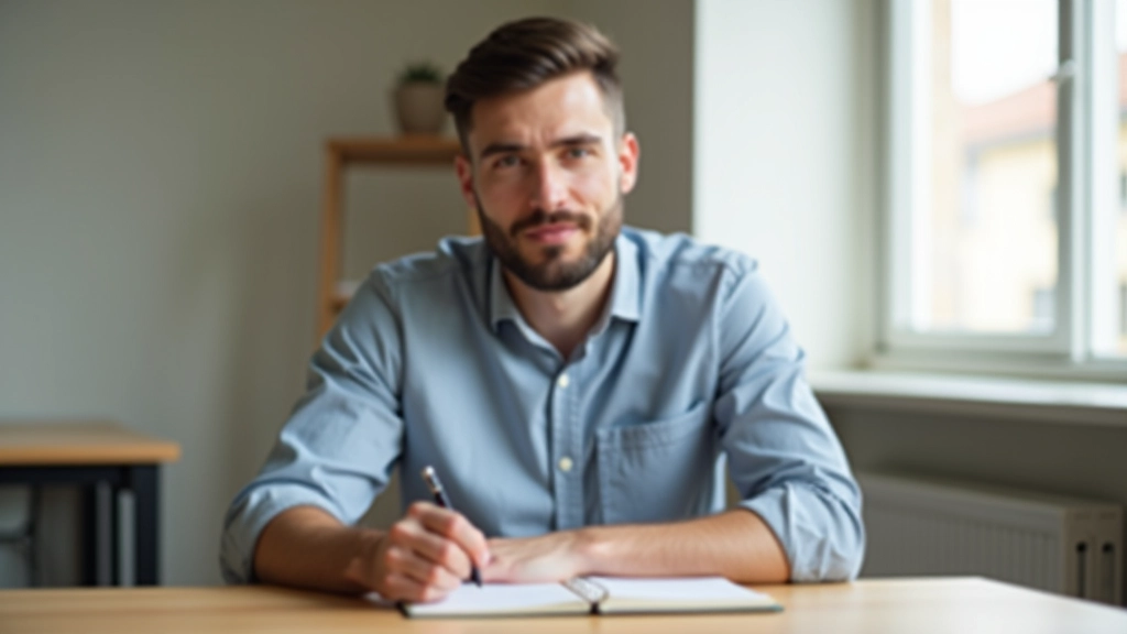 Person sitzt ruhig am Schreibtisch mit Notizbuch und wirkt konzentriert und fokussiert