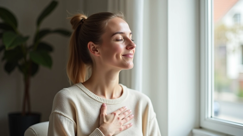Person führt Atemübung durch mit Blick auf Fenster und entspanntem Gesichtsausdruck